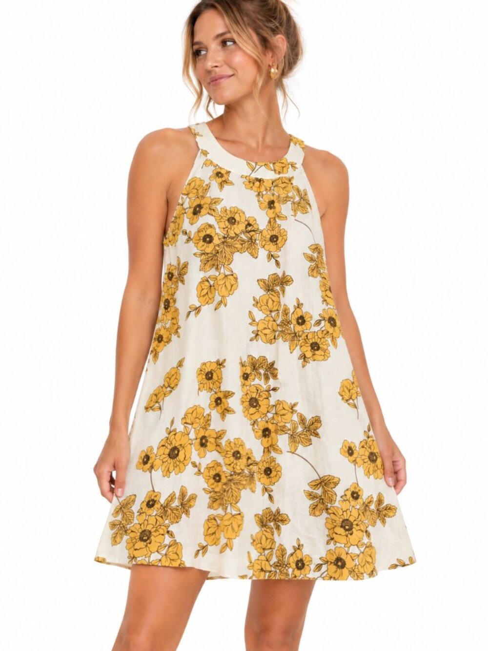 Cynthia Rowley Linen Large Dress Women’s Floral Yellow Cream Sleeveless A Line